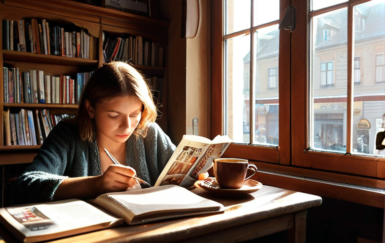 Discovering Passions**

*   Prompt: A person thoughtfully journaling in a cozy cafe, surrounded by books and career-related magazines. Sunlight streams through the window. Keywords: Passion, career reflection, self-discovery, Poland, cafe, personal growth.

**
