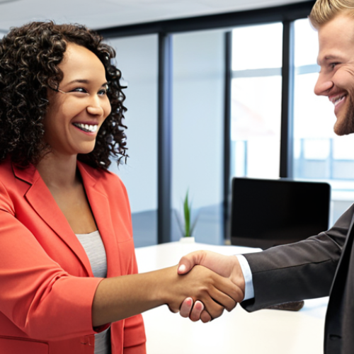 Home 14 **
Prompt: A new employee smiling, shaking hands with a welcoming coworker in a modern office setting. Diverse team environment, bright and positive atmosphere. Emphasis on building relationships and team integration.
**