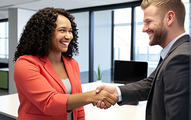 **
Prompt: A new employee smiling, shaking hands with a welcoming coworker in a modern office setting. Diverse team environment, bright and positive atmosphere. Emphasis on building relationships and team integration.
**