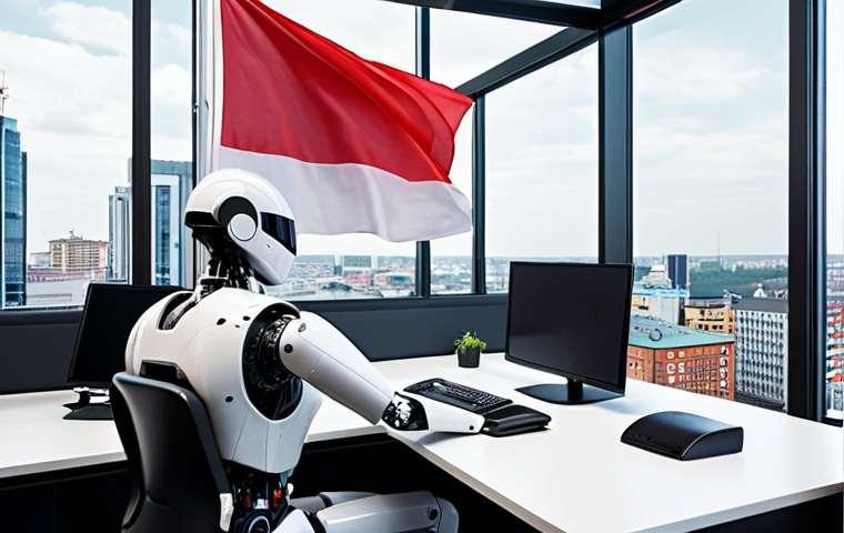 **

Prompt: A dynamic cityscape with robots working alongside humans in modern offices, showcasing collaboration and adaptation to technological advancements. Focus on the positive aspects of automation and the evolution of job roles. Polish flag subtly incorporated.

**